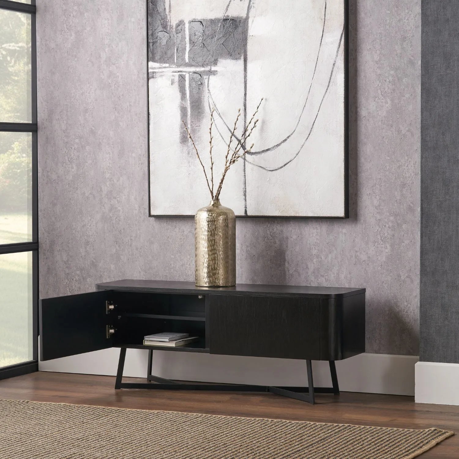 Black Ash Veneer 2 Door Low Sideboard with Internal Shelves, Curved Edges & Tapered Black Metal Legs – Scandinavian Style Wooden Storage Unit 47x120x34cm | Click Style