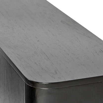 Black Ash Veneer 2 Door Low Sideboard with Internal Shelves, Curved Edges & Tapered Black Metal Legs – Scandinavian Style Wooden Storage Unit 47x120x34cm | Click Style