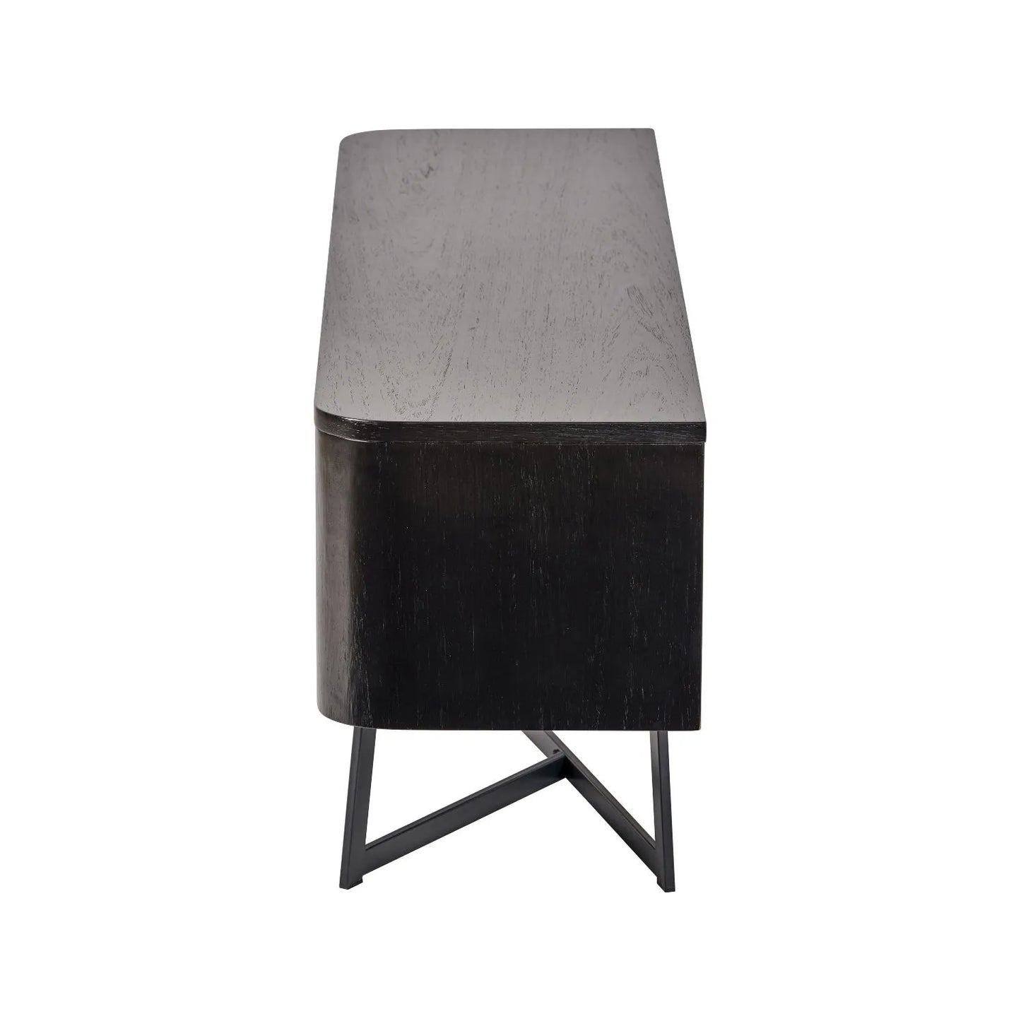 Black Ash Veneer 2 Door Low Sideboard with Internal Shelves, Curved Edges & Tapered Black Metal Legs – Scandinavian Style Wooden Storage Unit Side 47x120x34cm | Click Style