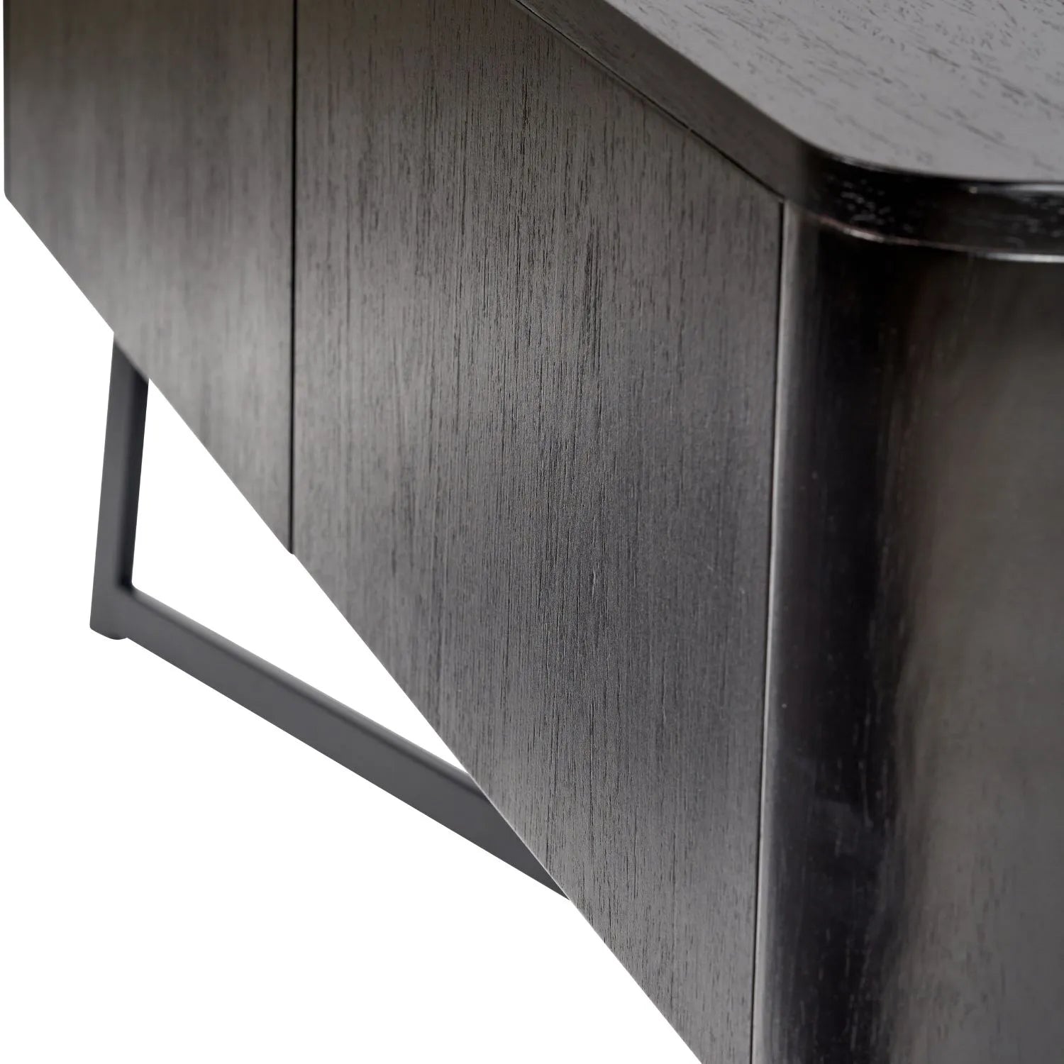 Black Ash Veneer 2 Door Low Sideboard with Internal Shelves, Curved Edges & Tapered Black Metal Legs – Scandinavian Style Wooden Storage Unit 47x120x34cm | Click Style