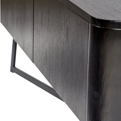 Black Ash Veneer 2 Door Low Sideboard with Internal Shelves, Curved Edges & Tapered Black Metal Legs – Scandinavian Style Wooden Storage Unit 47x120x34cm | Click Style