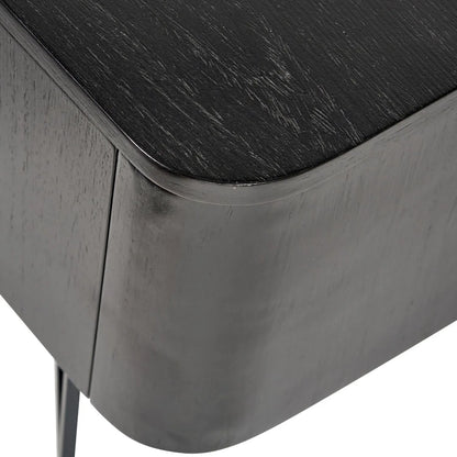 Black Ash Veneer 2 Door Low Sideboard with Internal Shelves, Curved Edges & Tapered Black Metal Legs – Scandinavian Style Wooden Storage Unit 47x120x34cm | Click Style