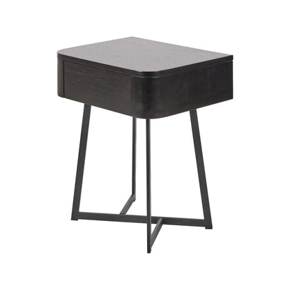 Black Ash Veneer Side Table with 1 Drawer & Tapered Black Metal Frame – Scandinavian Bedside Table with Minimalist Handle-Free Design 60x50x40cm | Click Style