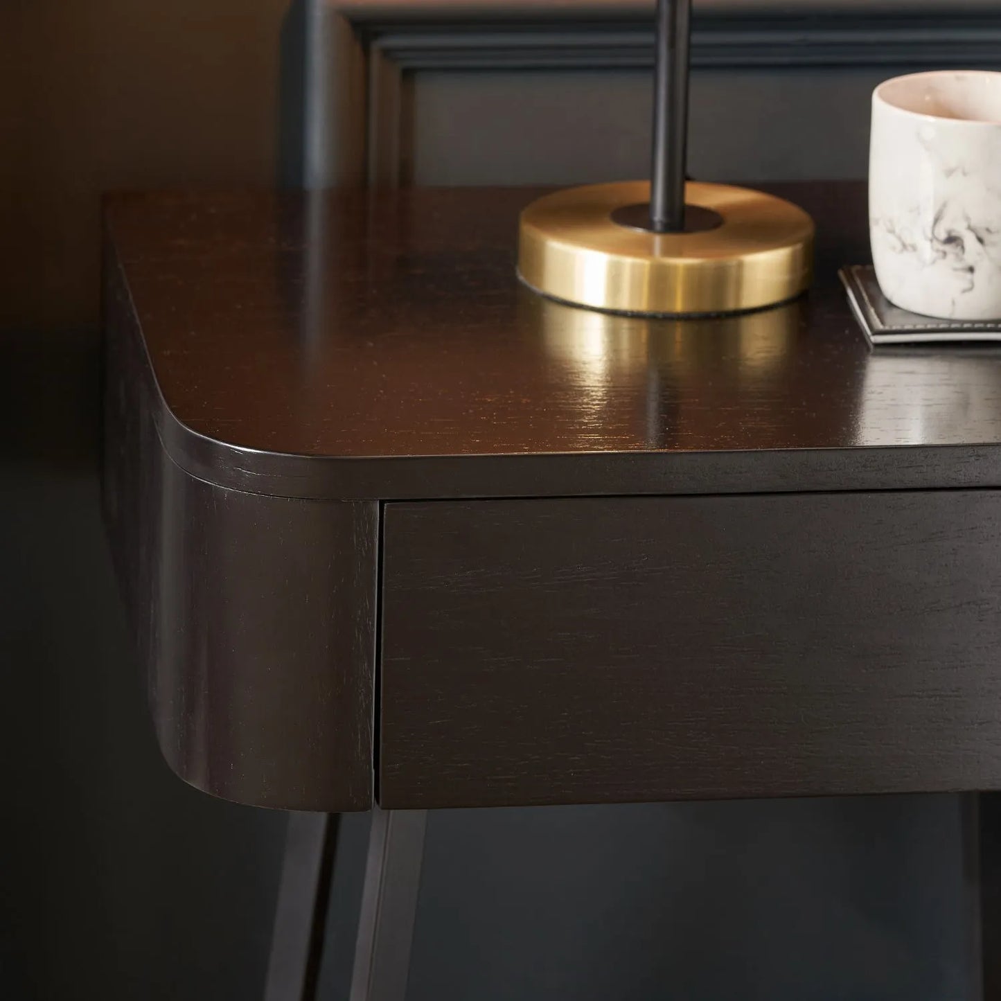 Black Ash Veneer Side Table with 1 Drawer & Tapered Black Metal Frame – Scandinavian Bedside Table with Minimalist Handle-Free Design 60x50x40cm | Click Style