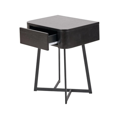 Black Ash Veneer Side Table with 1 Drawer & Tapered Black Metal Frame – Scandinavian Bedside Table with Minimalist Handle-Free Design 60x50x40cm | Click Style