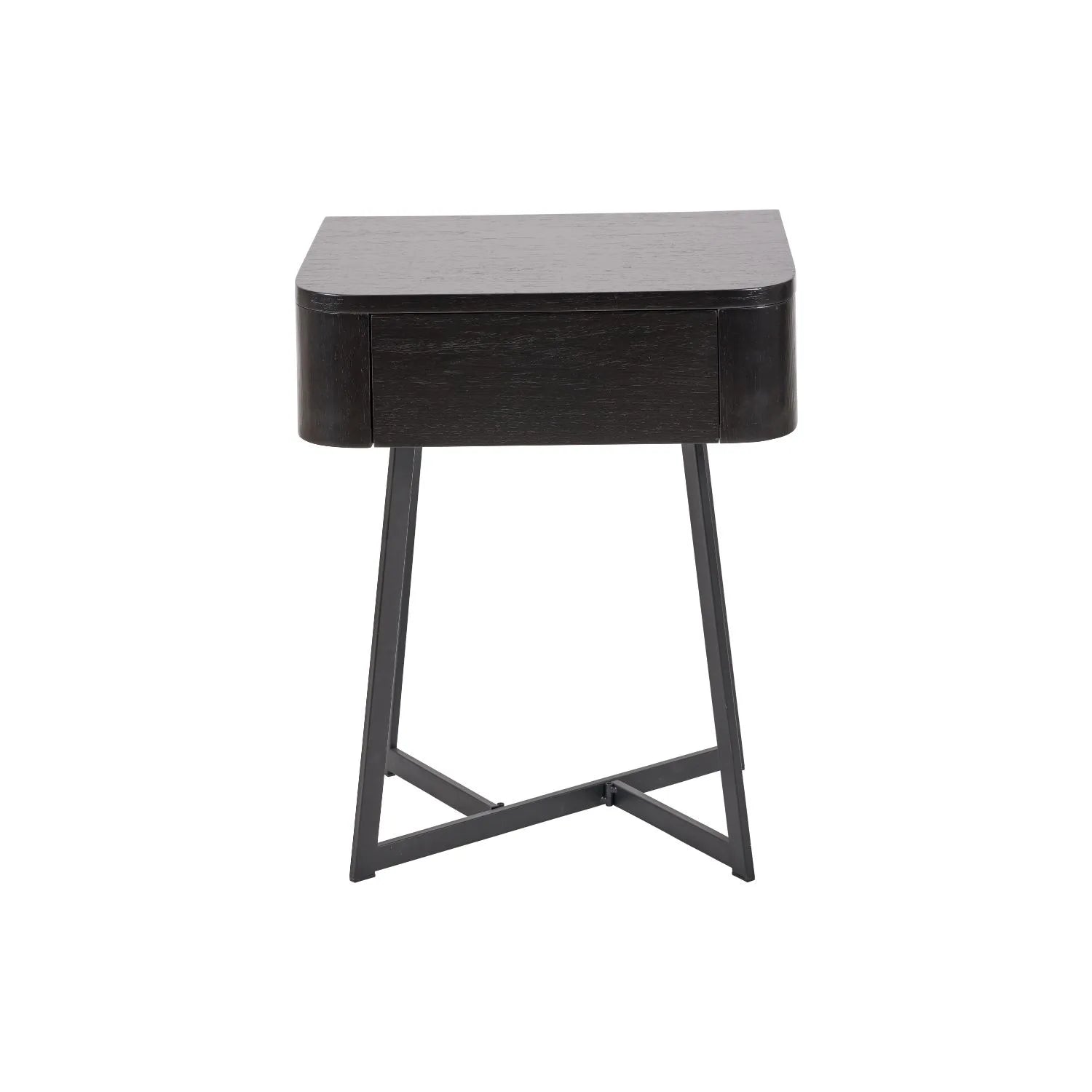 Black Ash Veneer Side Table with 1 Drawer & Tapered Black Metal Frame – Scandinavian Bedside Table with Minimalist Handle-Free Design Front 60x50x40cm | Click Style