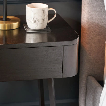 Black Ash Veneer Side Table with 1 Drawer & Tapered Black Metal Frame – Scandinavian Bedside Table with Minimalist Handle-Free Design 60x50x40cm | Click Style
