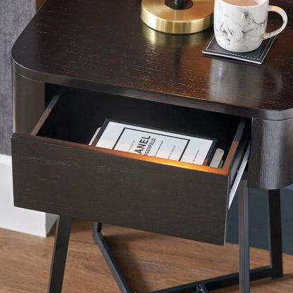 Black Ash Veneer Side Table with 1 Drawer & Tapered Black Metal Frame – Scandinavian Bedside Table with Minimalist Handle-Free Design 60x50x40cm | Click Style