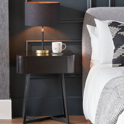 Black Ash Veneer Side Table with 1 Drawer & Tapered Black Metal Frame – Scandinavian Bedside Table with Minimalist Handle-Free Design 60x50x40cm | Click Style