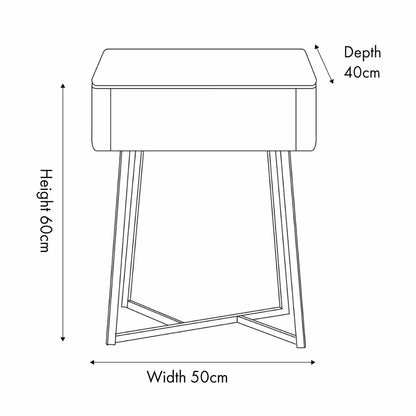 Black Ash Veneer Side Table with 1 Drawer & Tapered Black Metal Frame – Scandinavian Bedside Table with Minimalist Handle-Free Design Dimensions 60x50x40cm | Click Style