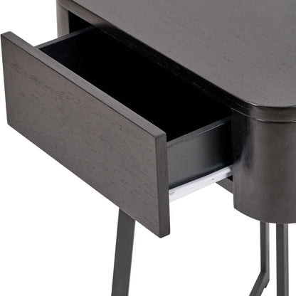 Black Ash Veneer Side Table with 1 Drawer & Tapered Black Metal Frame – Scandinavian Bedside Table with Minimalist Handle-Free Design 60x50x40cm | Click Style