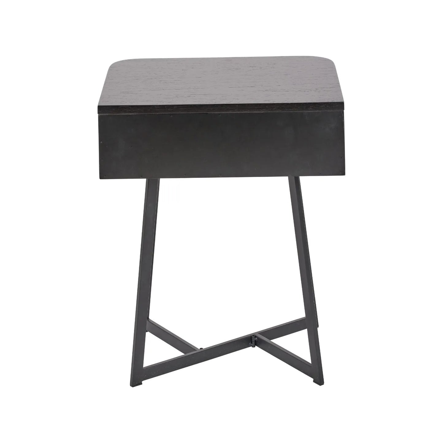 Black Ash Veneer Side Table with 1 Drawer & Tapered Black Metal Frame – Scandinavian Bedside Table with Minimalist Handle-Free Design Back 60x50x40cm | Click Style