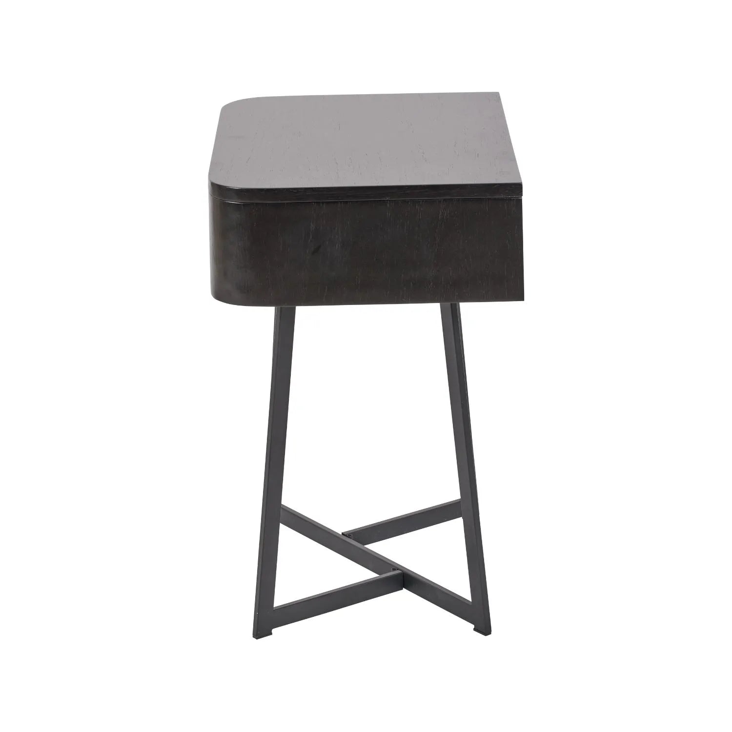 Black Ash Veneer Side Table with 1 Drawer & Tapered Black Metal Frame – Scandinavian Bedside Table with Minimalist Handle-Free Design Side 60x50x40cm | Click Style