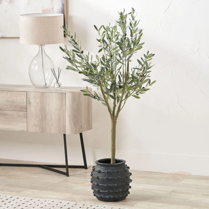 Black bobbled fibrestone decorative planter with textured stone-effect finish, indoor plant pot 29x32x32cm | Click Style
