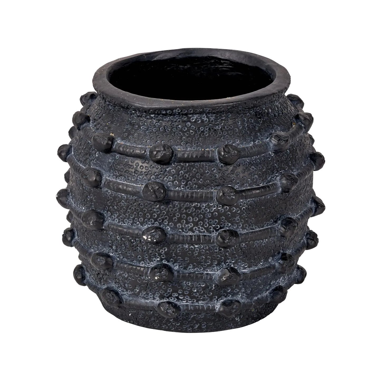 Black bobbled fibrestone decorative planter with textured stone-effect finish, indoor plant pot 29x32x32cm | Click Style