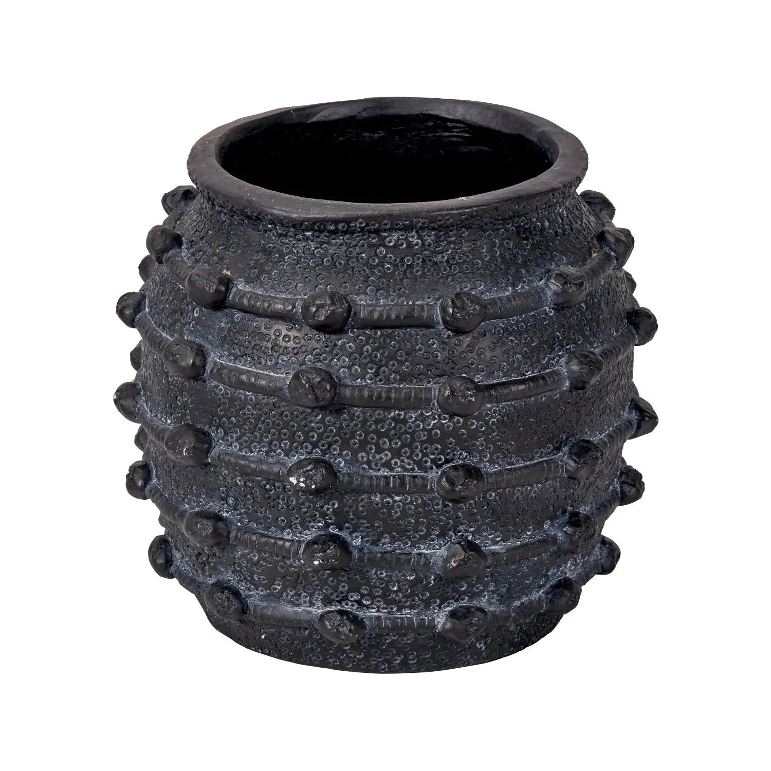 Black bobbled fibrestone decorative planter with textured stone-effect finish, indoor plant pot 29x32x32cm | Click Style