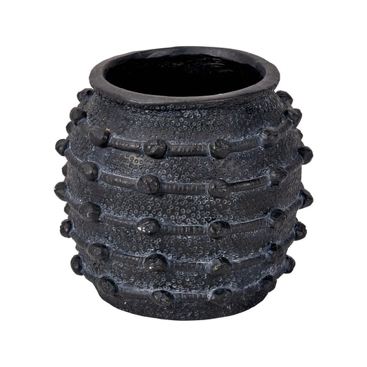 Black bobbled fibrestone decorative planter with textured stone-effect finish, indoor plant pot 29x32x32cm | Click Style