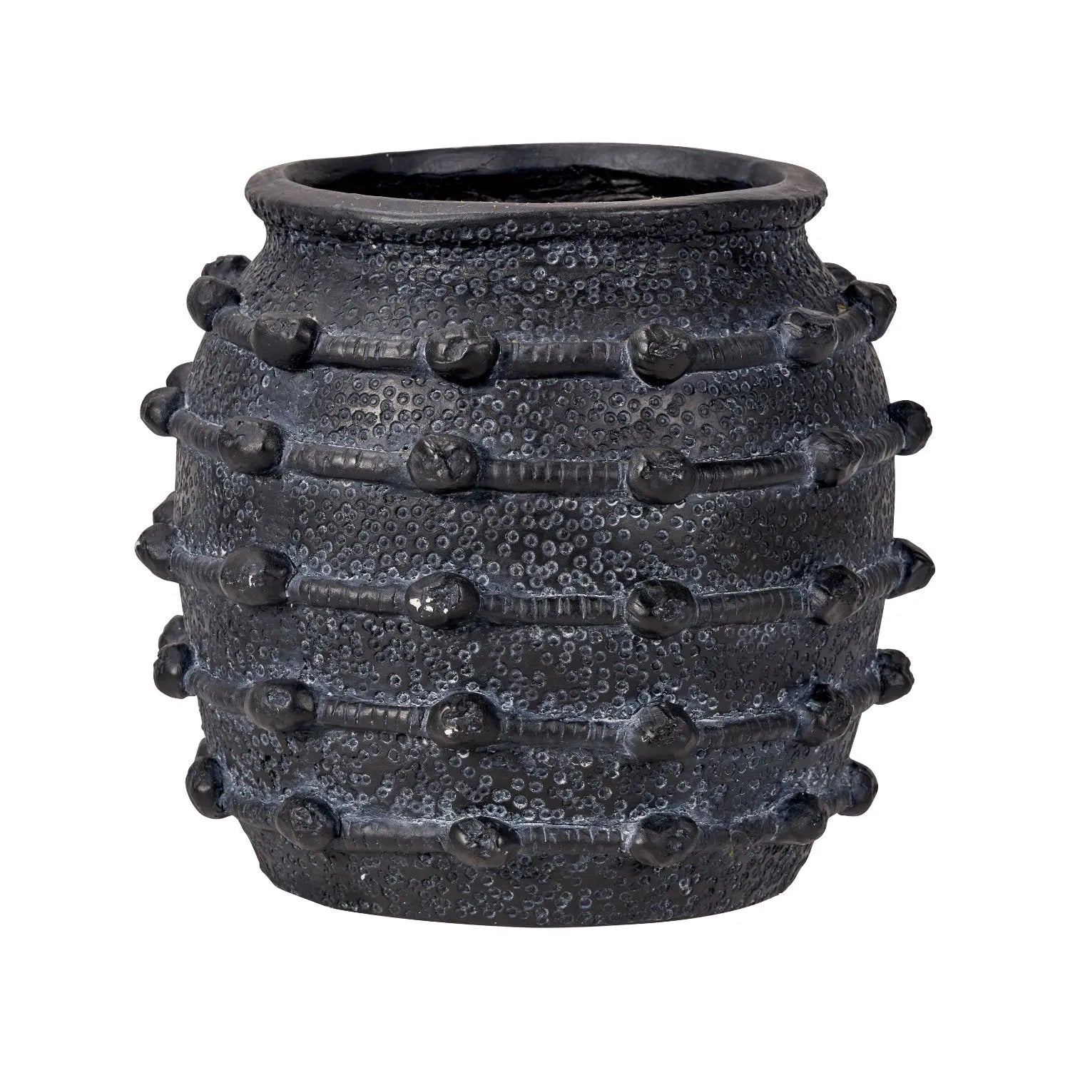 Black bobbled fibrestone decorative planter with textured stone-effect finish, indoor plant pot 29x32x32cm | Click Style