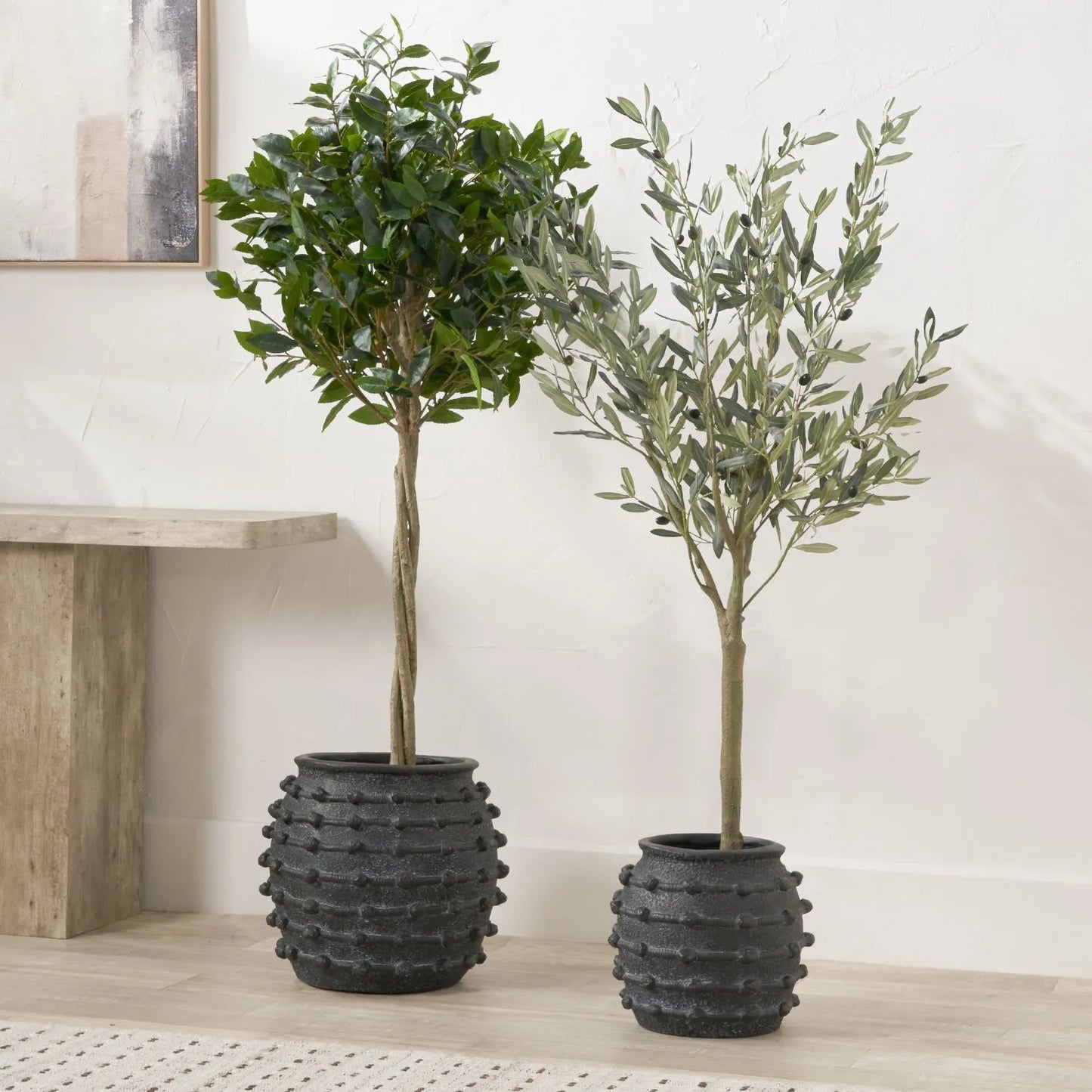 Large black bobbled fibrestone decorative planter with textured stone-effect finish, indoor plant pot 39x42x42cm | Click Style