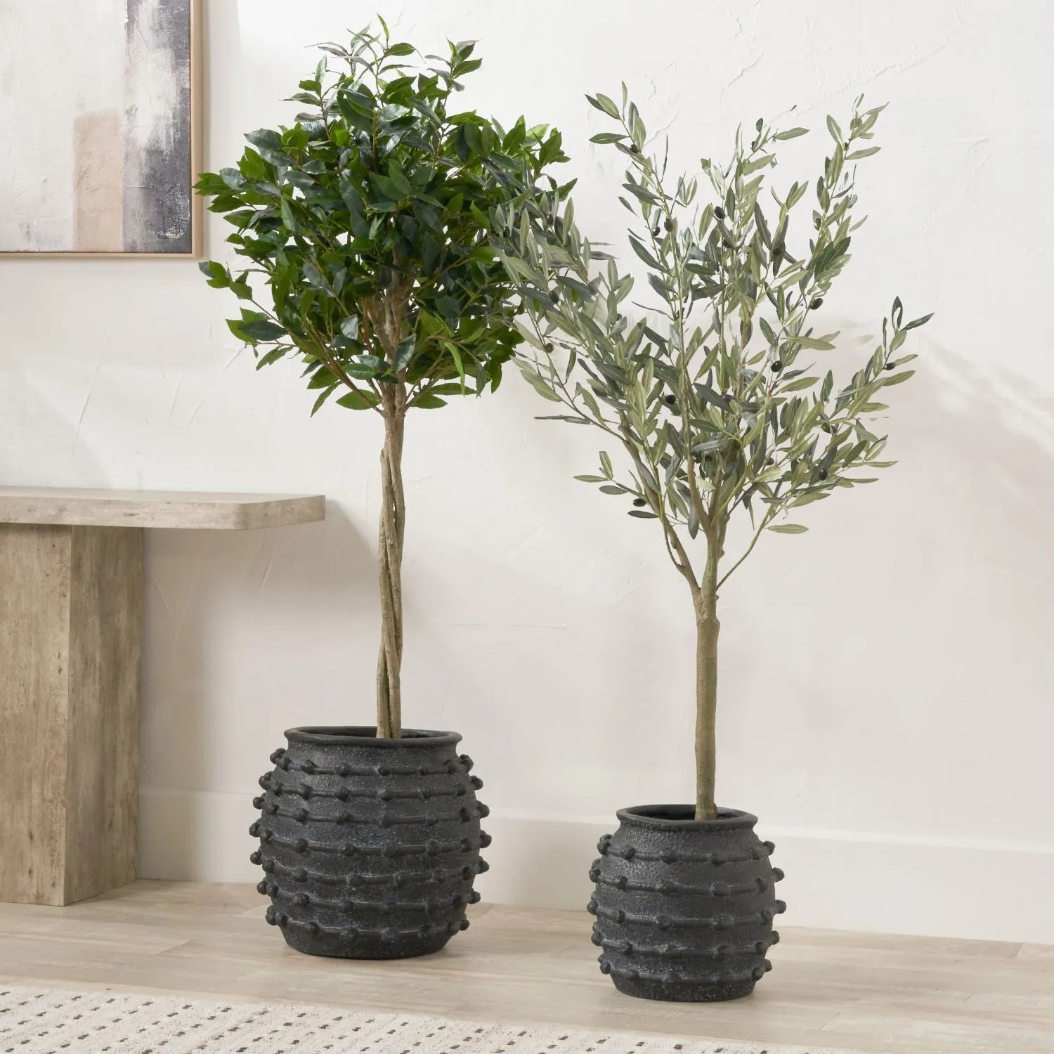 Large black bobbled fibrestone decorative planter with textured stone-effect finish, indoor plant pot 39x42x42cm | Click Style