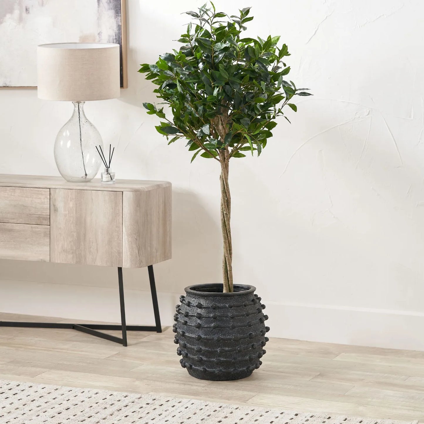 Large black bobbled fibrestone decorative planter with textured stone-effect finish, indoor plant pot 39x42x42cm | Click Style