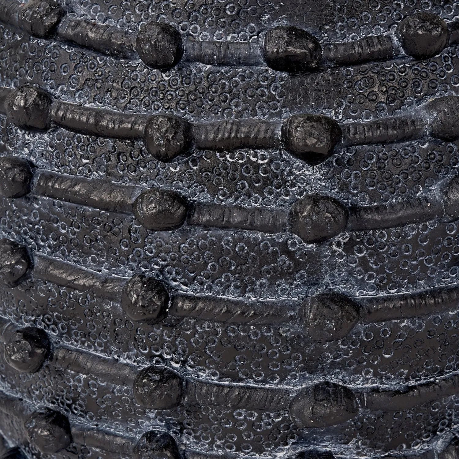 Large black bobbled fibrestone decorative planter with textured stone-effect finish, indoor plant pot 39x42x42cm | Click Style