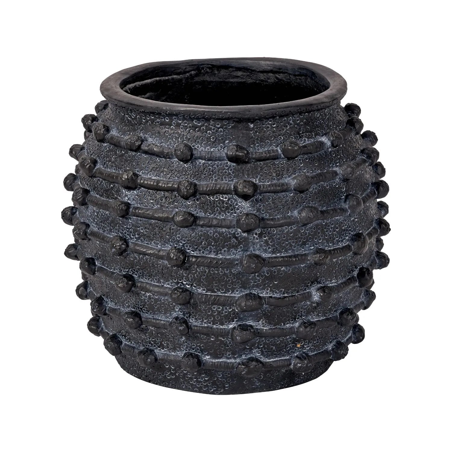 Large black bobbled fibrestone decorative planter with textured stone-effect finish, indoor plant pot 39x42x42cm | Click Style