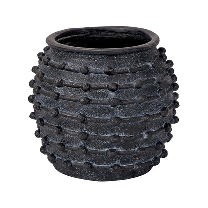 Large black bobbled fibrestone decorative planter with textured stone-effect finish, indoor plant pot 39x42x42cm | Click Style