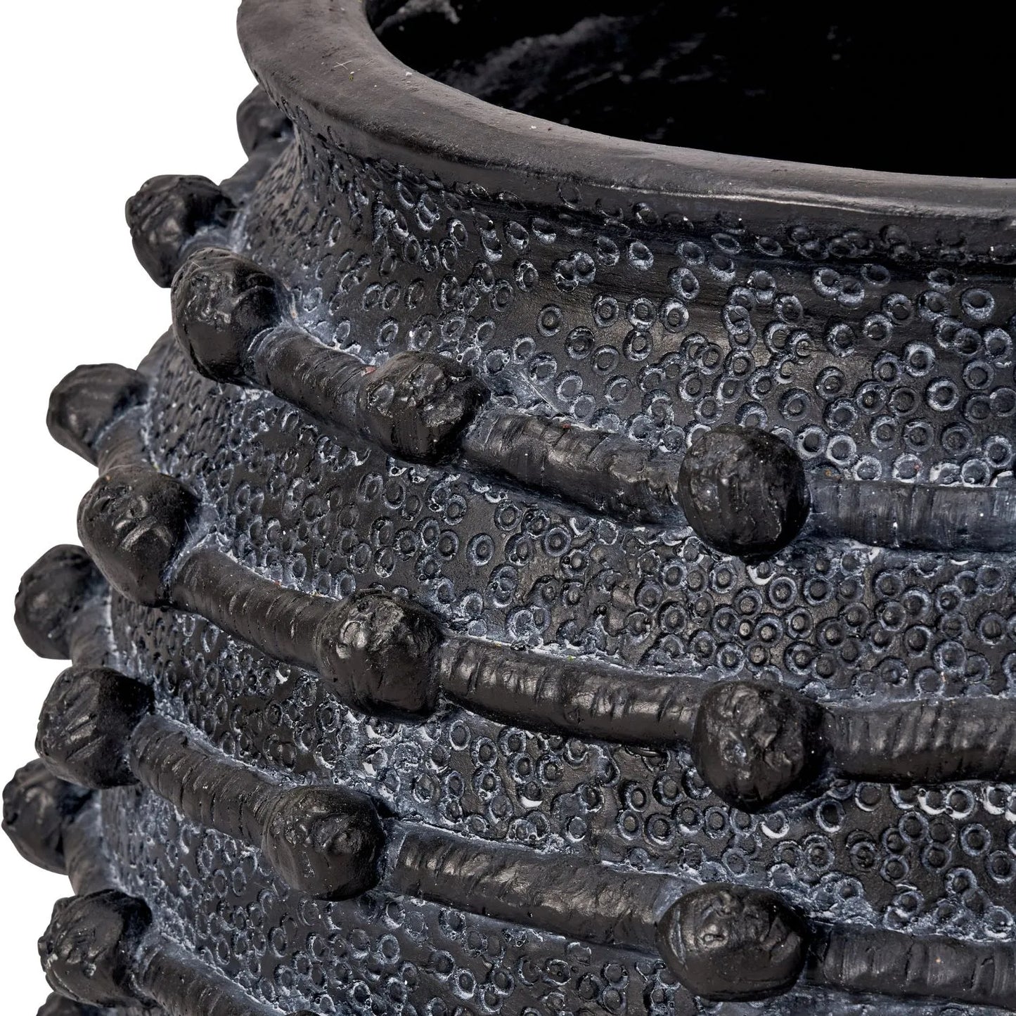 Large black bobbled fibrestone decorative planter with textured stone-effect finish, indoor plant pot 39x42x42cm | Click Style