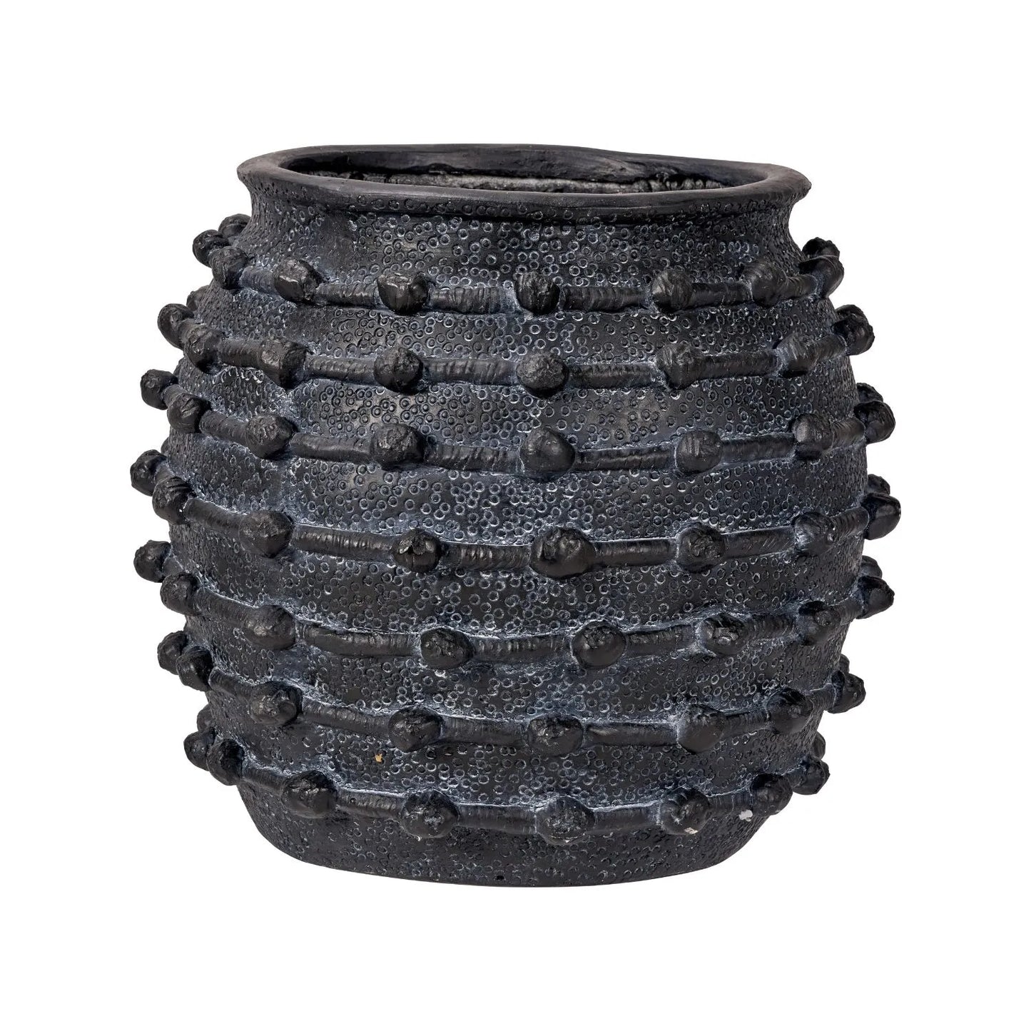 Large black bobbled fibrestone decorative planter with textured stone-effect finish, indoor plant pot 39x42x42cm | Click Style