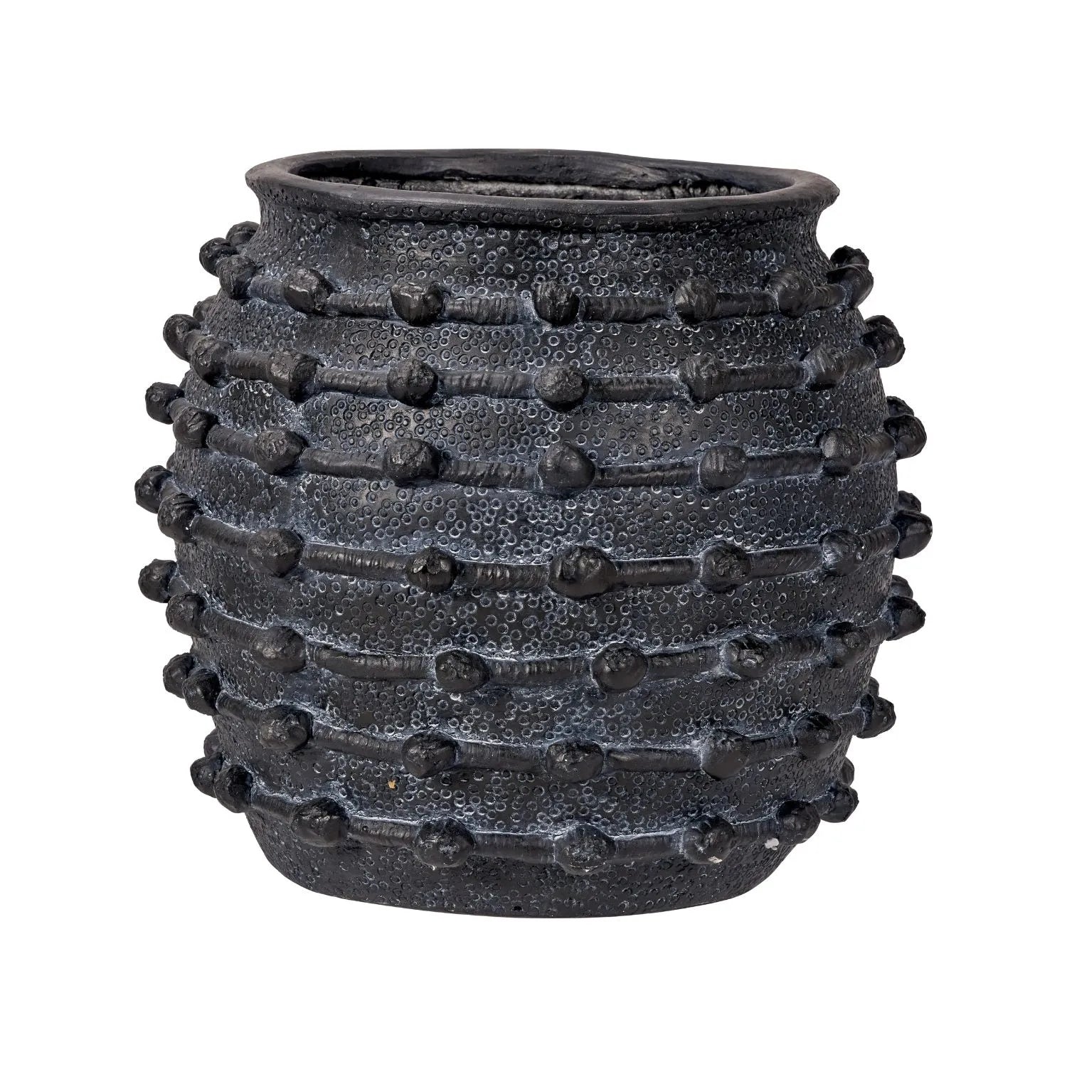 Large black bobbled fibrestone decorative planter with textured stone-effect finish, indoor plant pot 39x42x42cm | Click Style