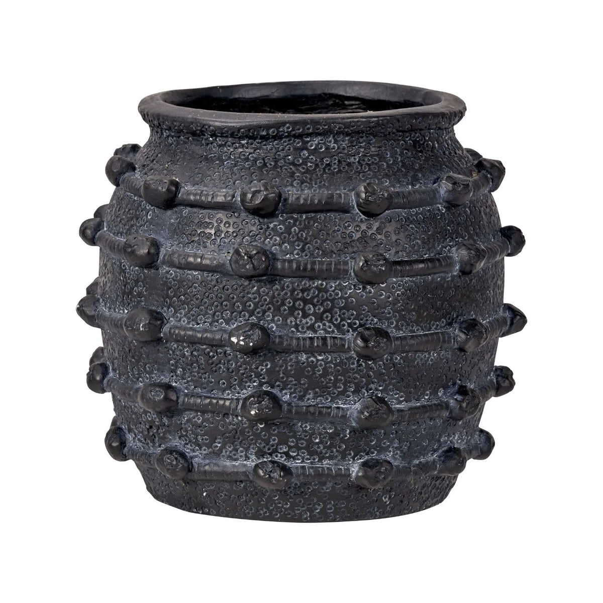 Black Bobbled Fibrestone Planter with Rolled Rim & Raised Textured Detail – Decorative Indoor Plant Pot 29x32x32cm – Front Angled View Showing Raised Bobbled Bands | Click Style
