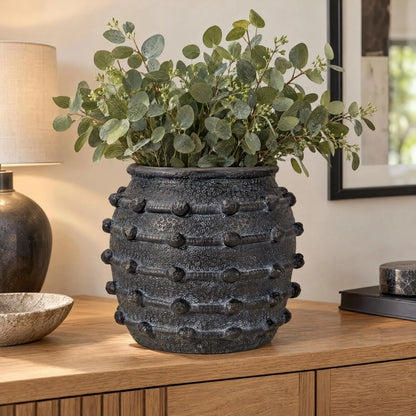 Black Bobbled Fibrestone Planter with Rolled Rim & Raised Textured Detail – Decorative Indoor Plant Pot 29x32x32cm – Artificial Eucalyptus on Oak Console Table | Click Style