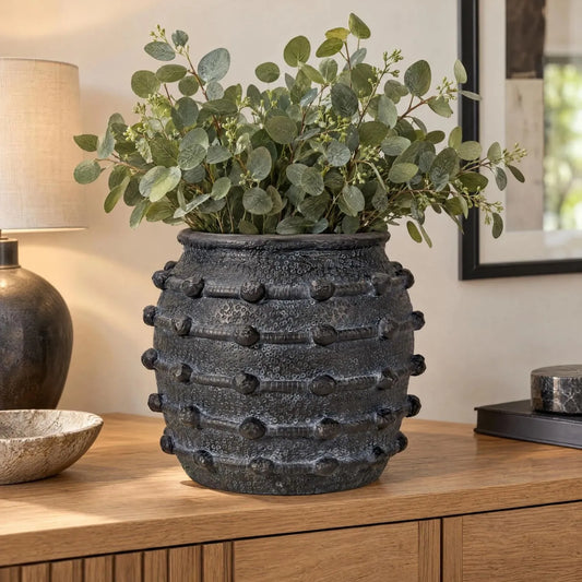 Black Bobbled Fibrestone Planter with Rolled Rim & Raised Textured Detail – Decorative Indoor Plant Pot 29x32x32cm – Artificial Eucalyptus on Oak Console Table | Click Style