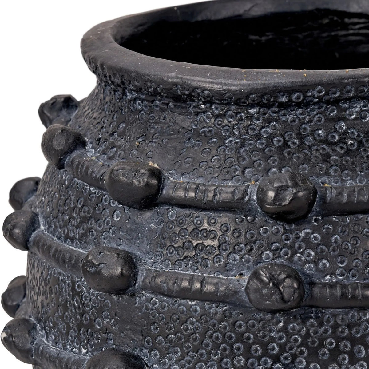 Black Bobbled Fibrestone Planter with Rolled Rim & Raised Textured Detail – Decorative Indoor Plant Pot 29x32x32cm – Close-Up of Rolled Rim & Raised Textured Detail | Click Style