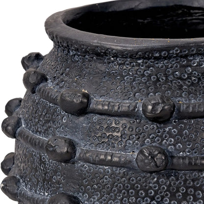 Black Bobbled Fibrestone Planter with Rolled Rim & Raised Textured Detail – Decorative Indoor Plant Pot 29x32x32cm – Close-Up of Rolled Rim & Raised Textured Detail | Click Style