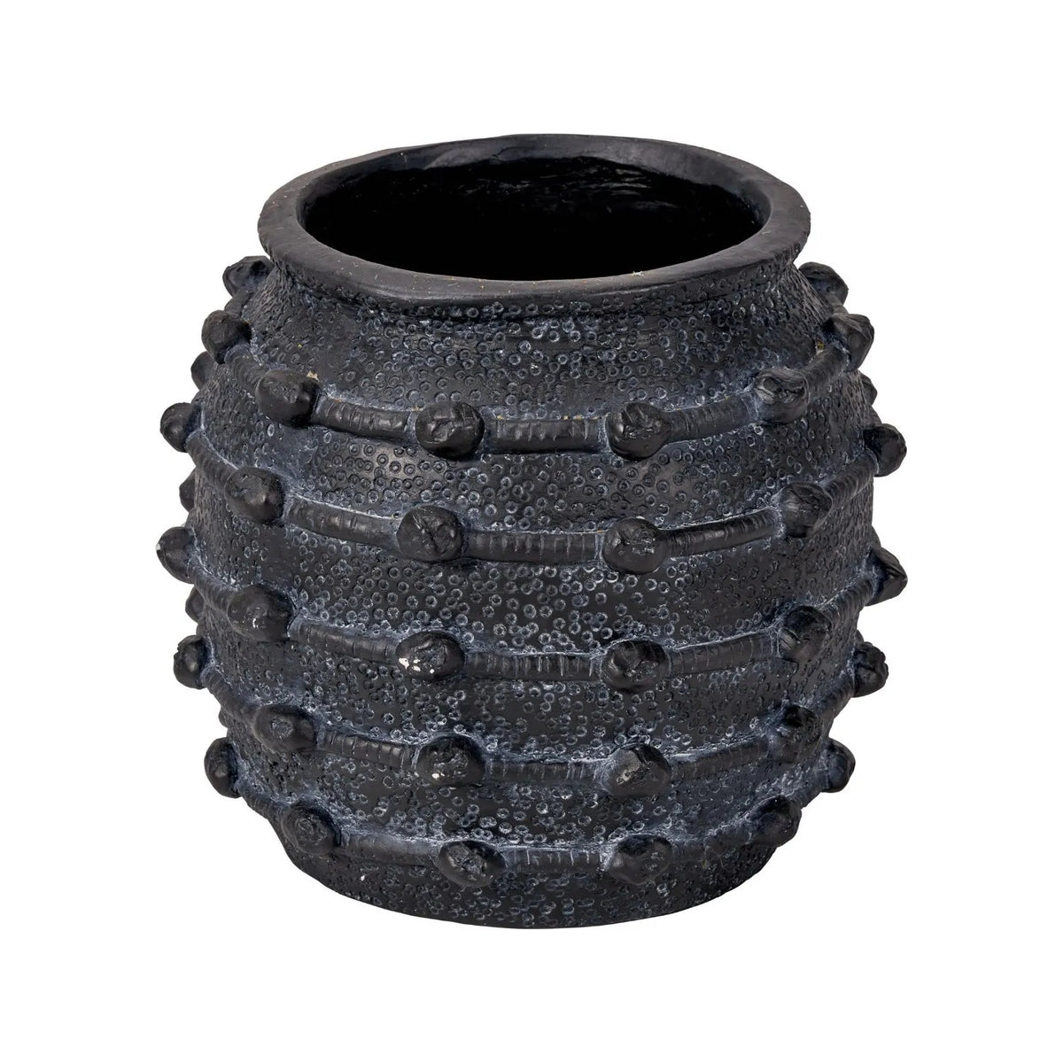 Black Bobbled Fibrestone Planter with Rolled Rim & Raised Textured Detail – Decorative Indoor Plant Pot 29x32x32cm – Angled View Showing Wide Opening & Bulbous Shape | Click Style