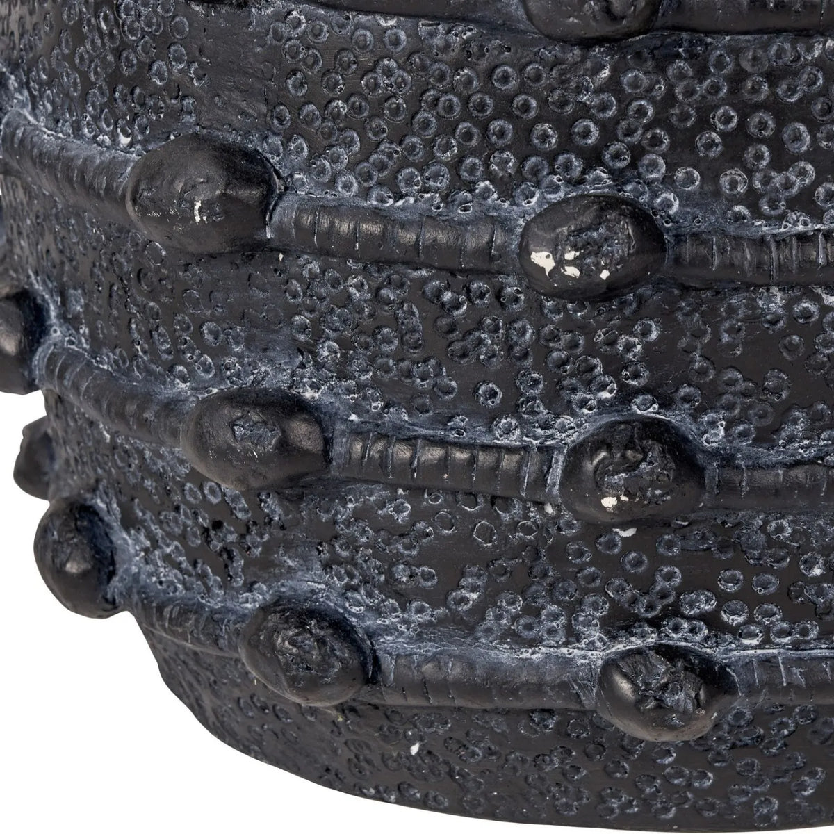 Black Bobbled Fibrestone Planter with Rolled Rim & Raised Textured Detail – Decorative Indoor Plant Pot 29x32x32cm – Close-Up of Weathered Black Finish & Bobbled Detail | Click Style