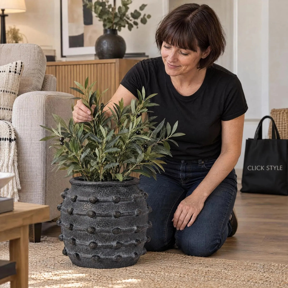Black Bobbled Fibrestone Planter with Rolled Rim & Raised Textured Detail – Decorative Indoor Plant Pot 29x32x32cm – Abbie Styling Artificial Olive Plant | Click Style