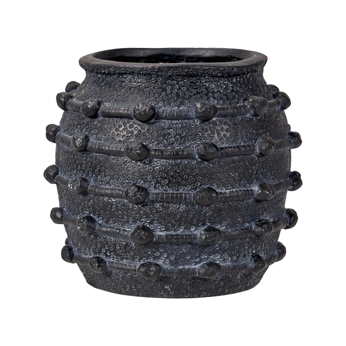 1. Black Bobbled Fibrestone Planter with Rolled Rim & Raised Textured Detail – Decorative Indoor Plant Pot 29x32x32cm – Front View Showing Rolled Rim & Textured Black Finish | Click Style