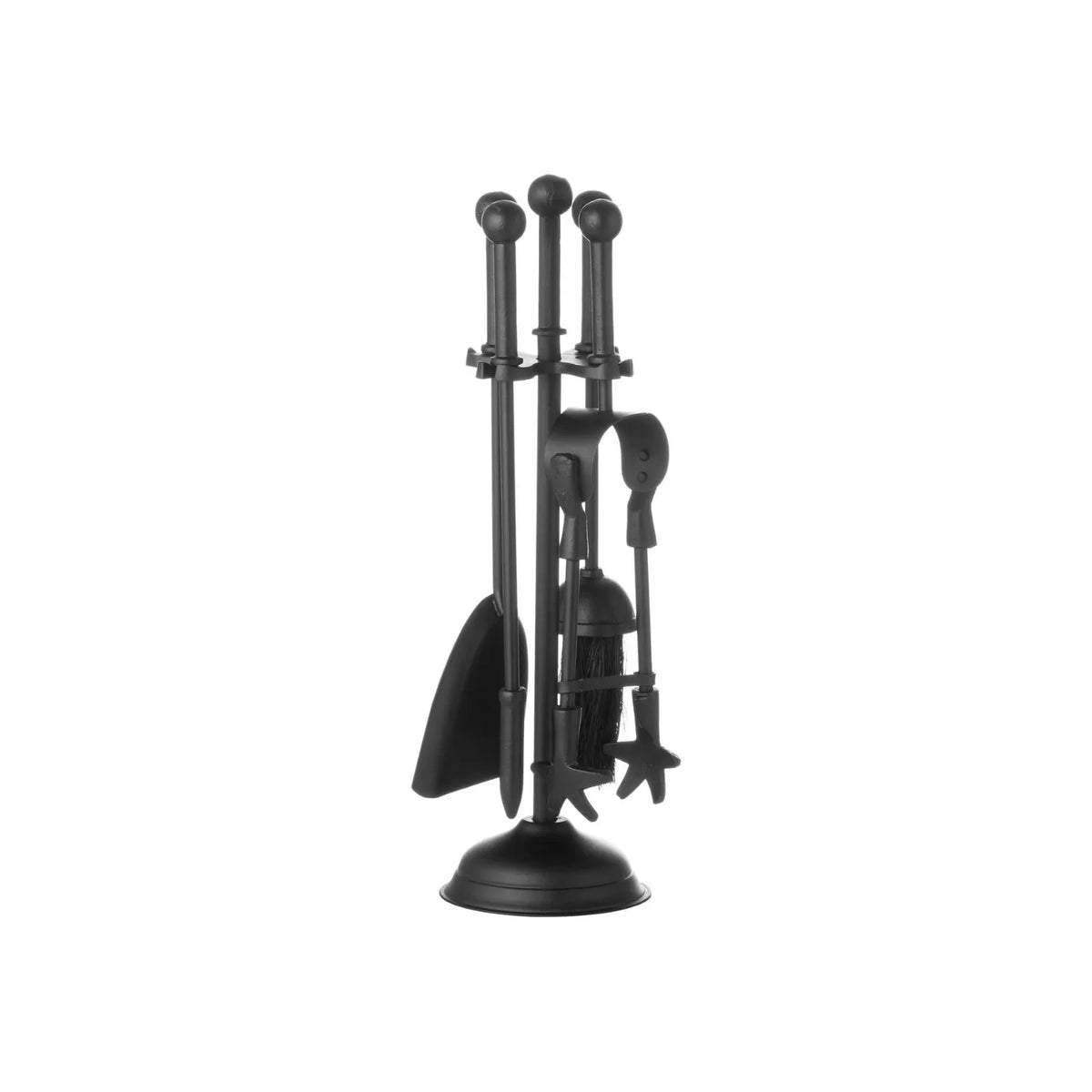 Black Fireside Companion Set with Ball-Topped Handles – 4 Fireplace Tools & Stand 40x12x12cm – front angled view with brush shovel poker and tongs | Click Style