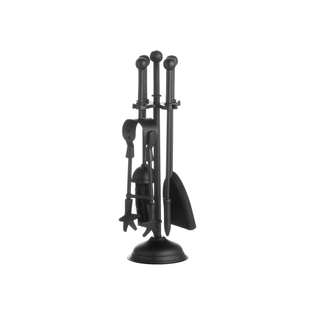 Black Fireside Companion Set with Ball-Topped Handles – 4 Fireplace Tools & Stand 40x12x12cm – opposite angled view showing brush shovel poker and tongs | Click Style