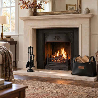 Black Fireside Companion Set with Ball-Topped Handles – 4 Fireplace Tools & Stand 40x12x12cm – styled beside a limestone fireplace in an autumnal British country-house interior | Click Style