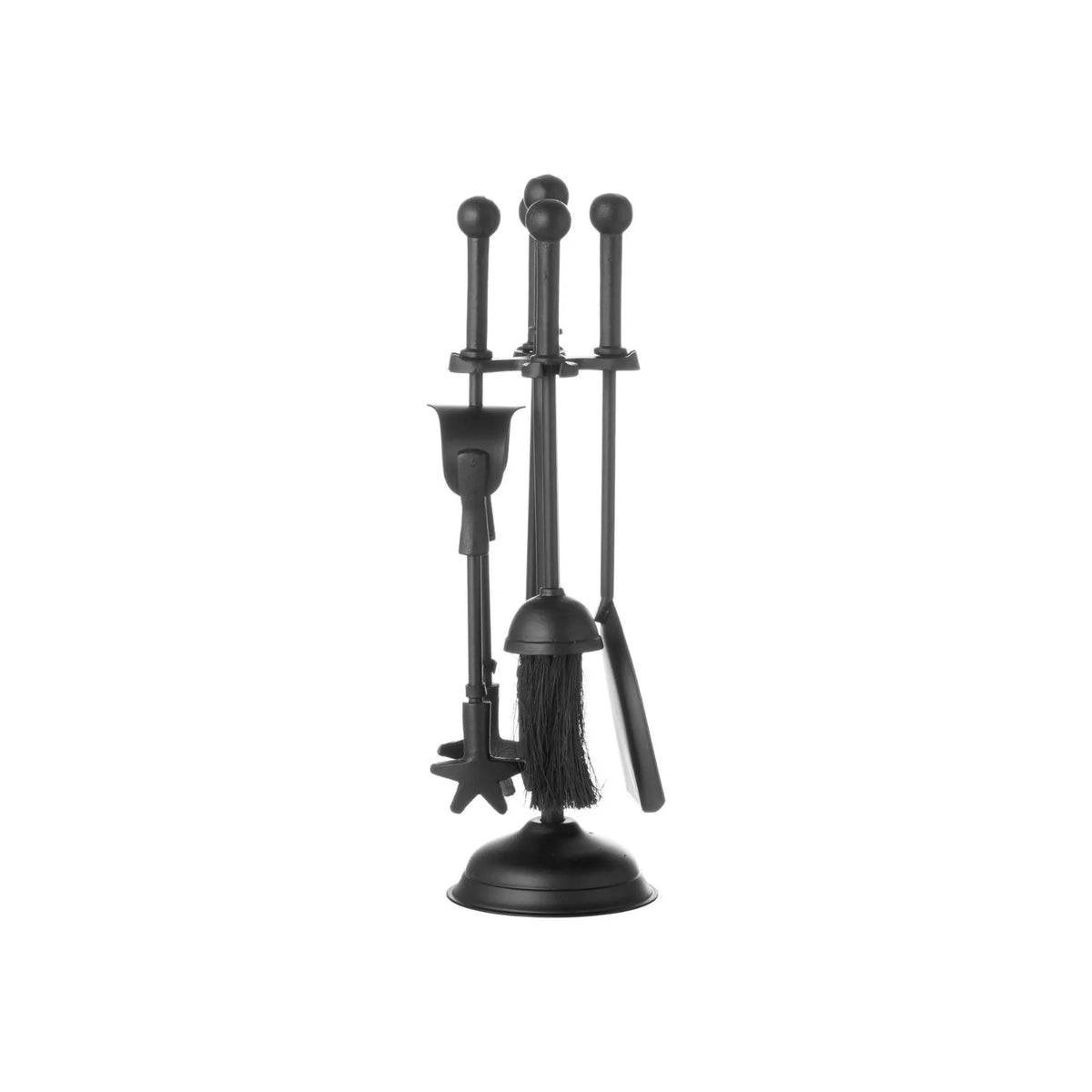 Black Fireside Companion Set with Ball-Topped Handles – 4 Fireplace Tools & Stand 40x12x12cm – side angled view with four fireplace tools and pedestal stand | Click Style