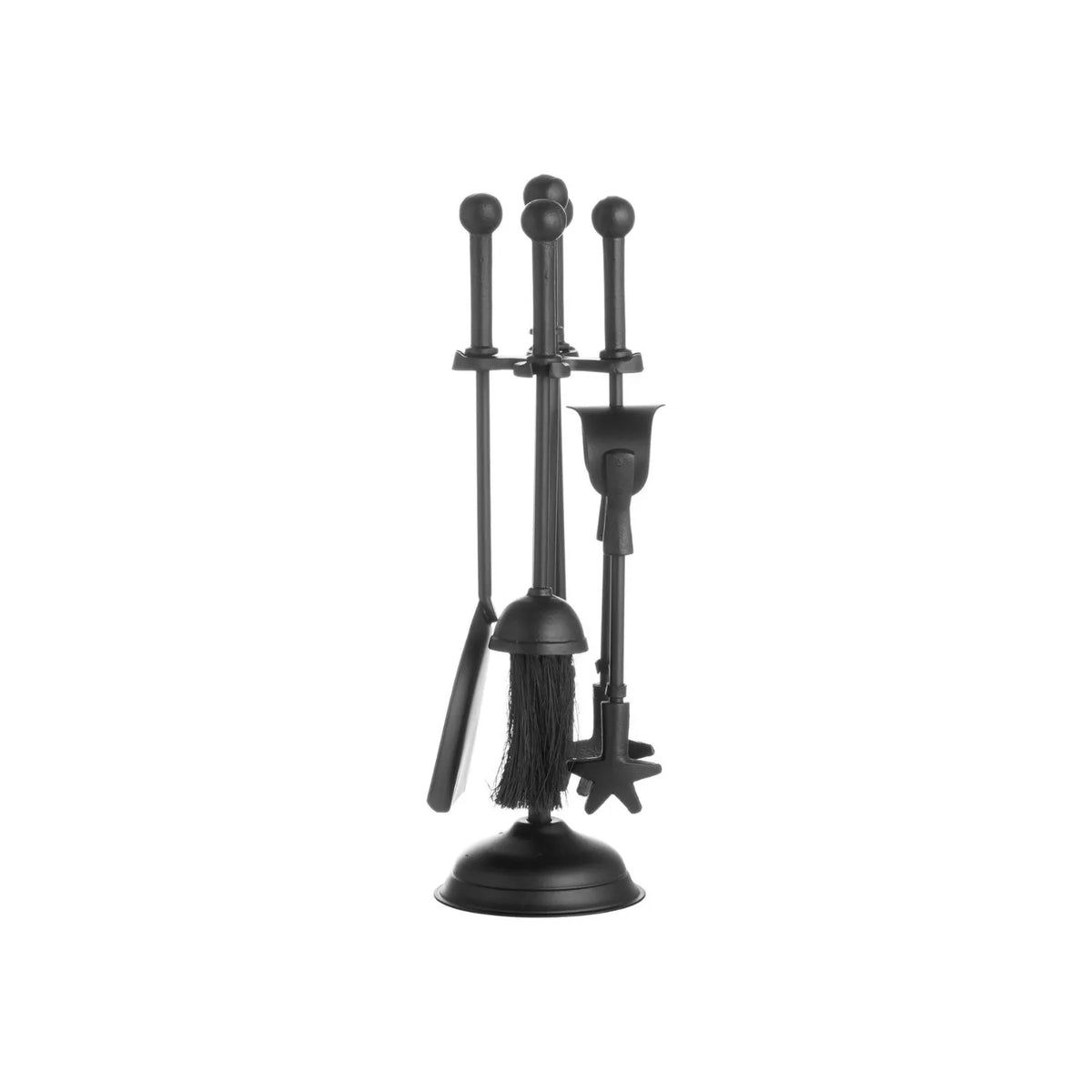 Black Fireside Companion Set with Ball-Topped Handles – 4 Fireplace Tools & Stand 40x12x12cm – reverse angled view showing four fireplace tools and freestanding stand | Click Style