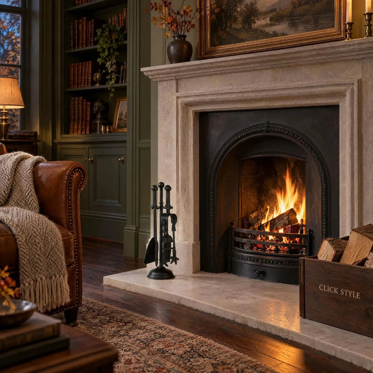 Black Fireside Companion Set with Ball-Topped Handles – 4 Fireplace Tools & Stand 40x12x12cm – styled beside a traditional fireplace in an olive green Georgian-inspired library | Click Style