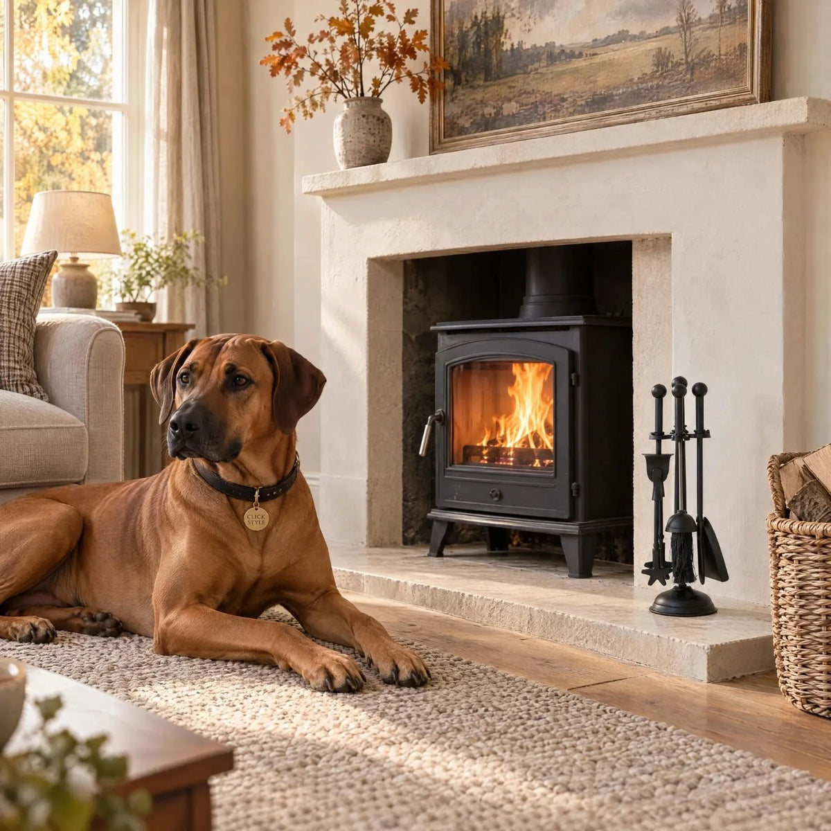 Black Fireside Companion Set with Ball-Topped Handles – 4 Fireplace Tools & Stand 40x12x12cm – styled beside a wood-burning stove with Rhodesian Ridgeback in a British country interior | Click Style