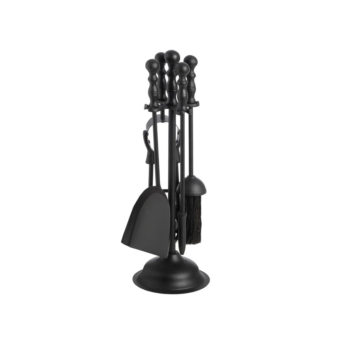 Black Fireside Companion Set with Duchess Handles – 4 Steel Fireplace Tools & Stand 41x12x12cm – Opposite angled view showing Duchess handles and fireplace tools | Click Style