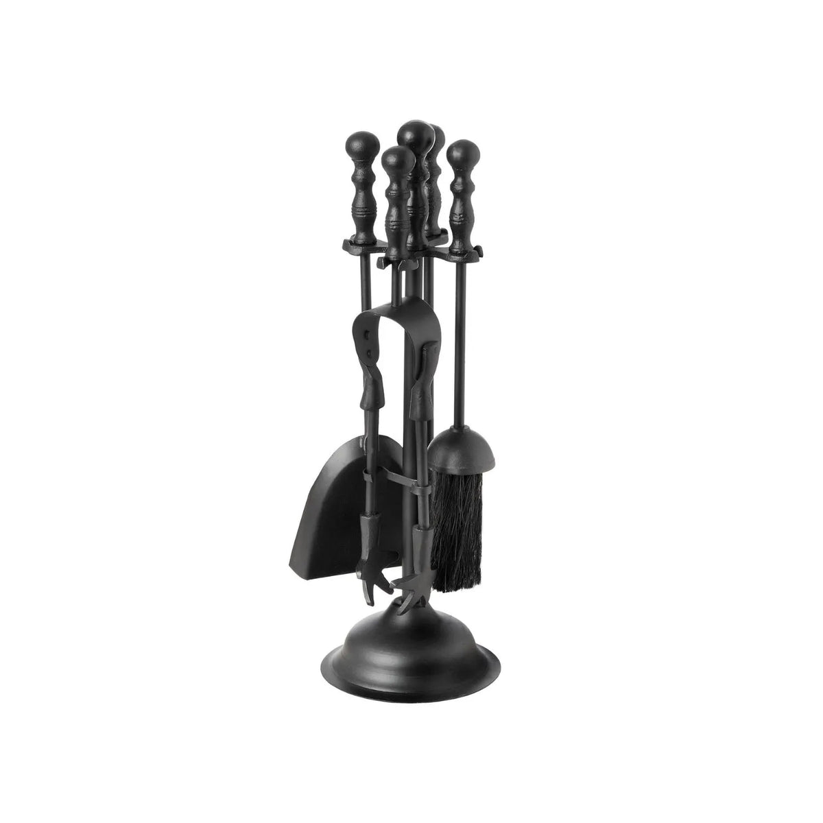 Black Fireside Companion Set with Duchess Handles – 4 Steel Fireplace Tools & Stand 41x12x12cm – Rear angled view showing shovel brush and freestanding steel base | Click Style