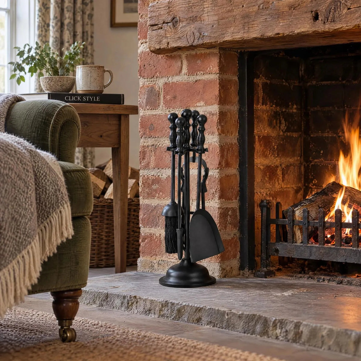 Black Fireside Companion Set with Duchess Handles – 4 Steel Fireplace Tools & Stand 41x12x12cm beside rustic brick fireplace | Click Style